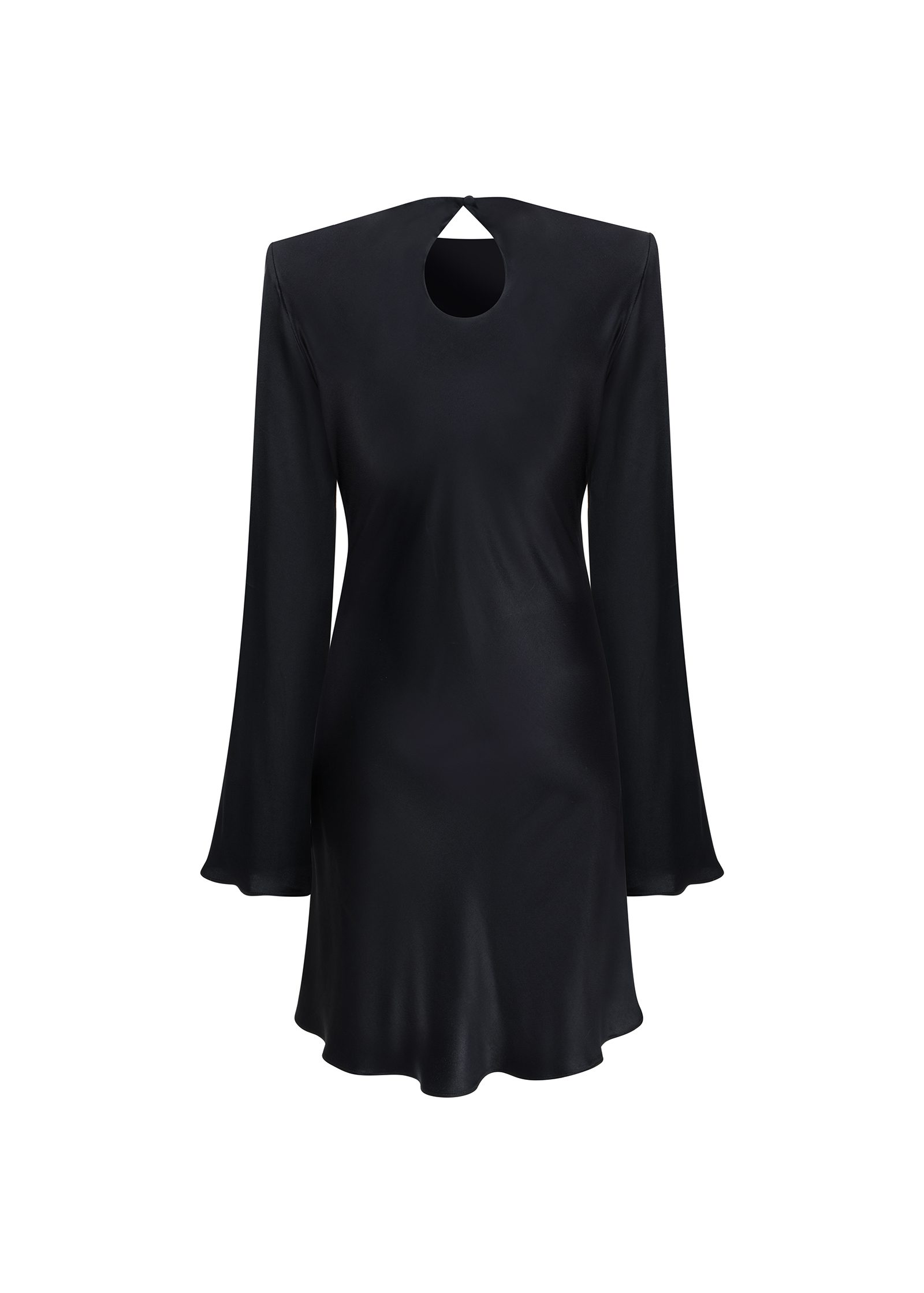 JAZ short dress in black satin viscose with long bell sleeves - Image 3