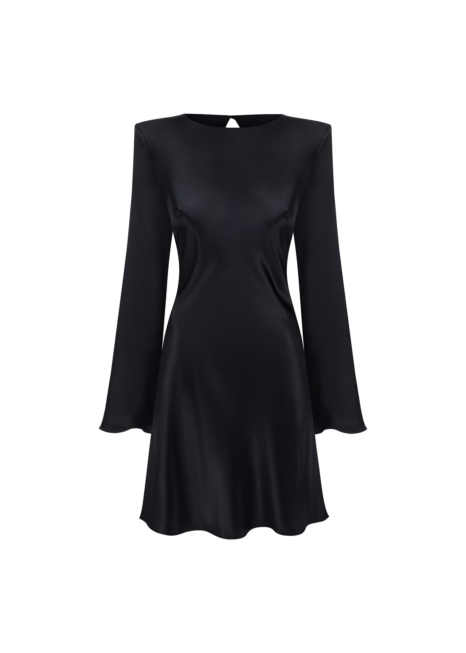 JAZ short dress in black satin viscose with long bell sleeves - Image 2