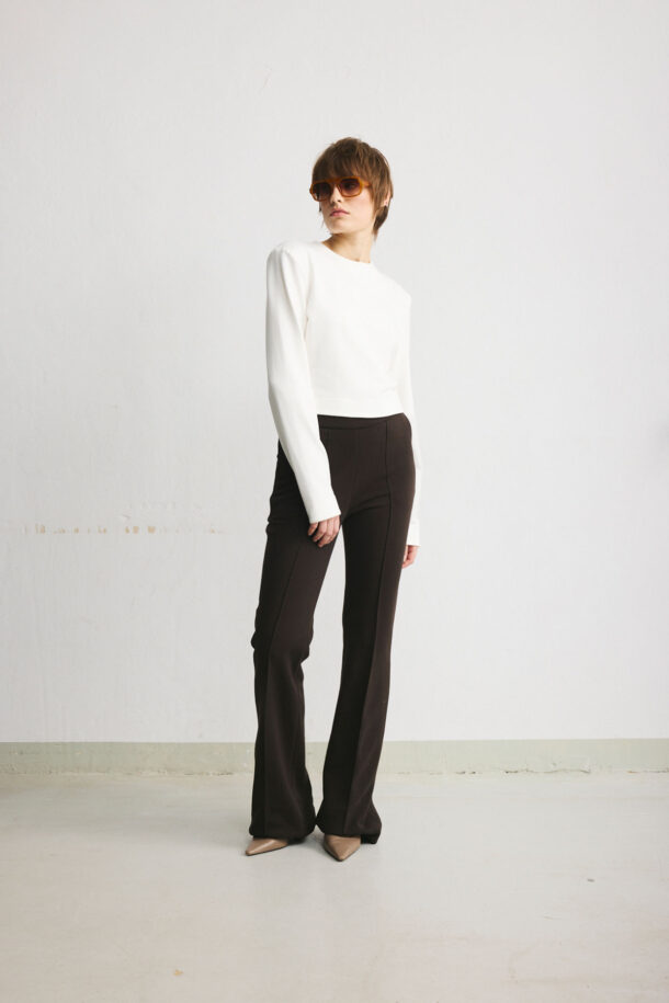 Flared trousers with stitched front creases in chocolate-brown cotton