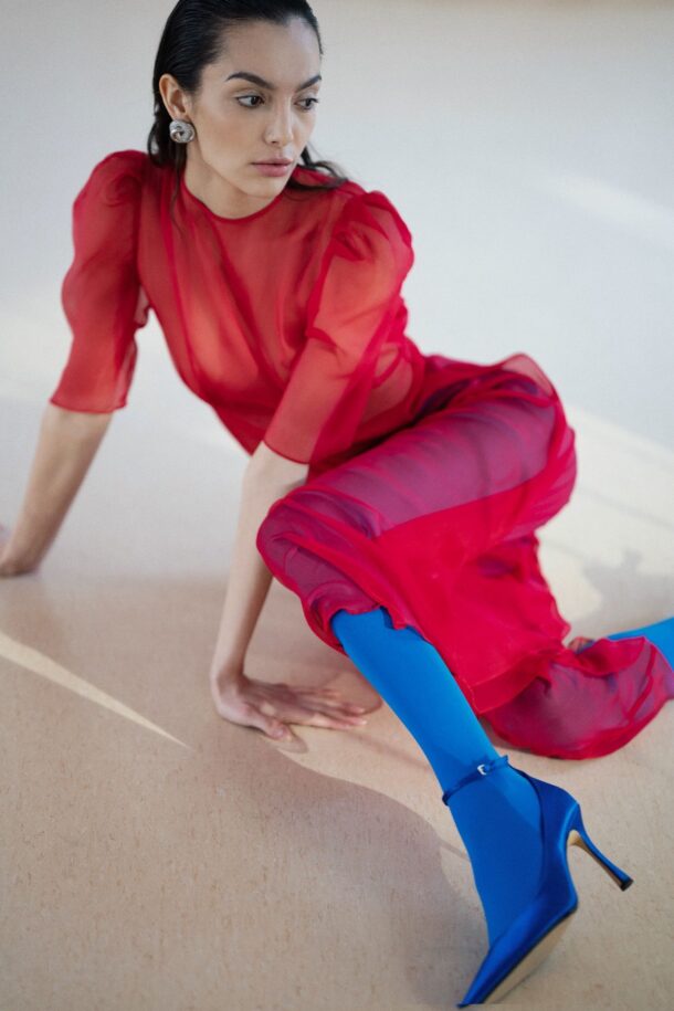 GLAMIS long red silk dress with a silk slip